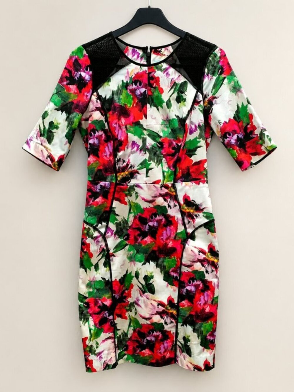 Milly Floral Mesh Panel Bodycon Dress 4 Multi Color Watercolor Cocktail Sheath